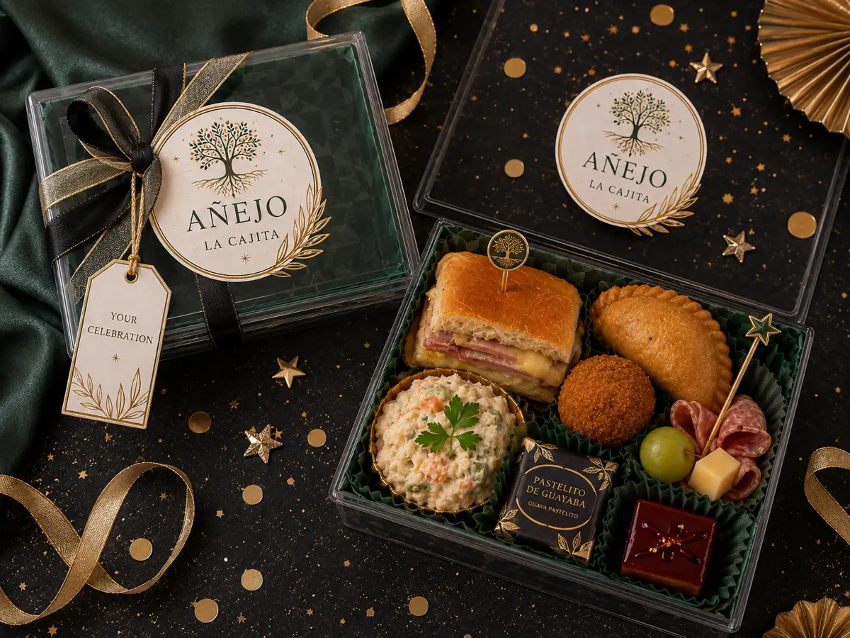 Two custom occasion Cajitas with emerald and gold labels