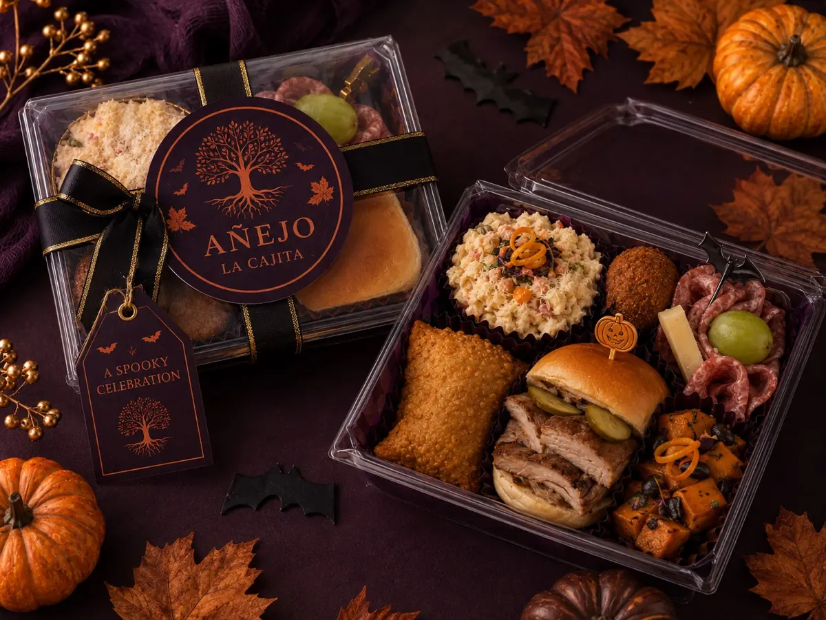 Two Halloween Cajitas with purple and orange packaging