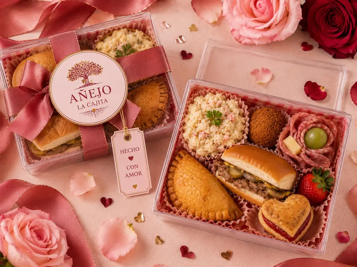 Two Valentine’s Cajitas with rose labels and a romantic Cuban assortment