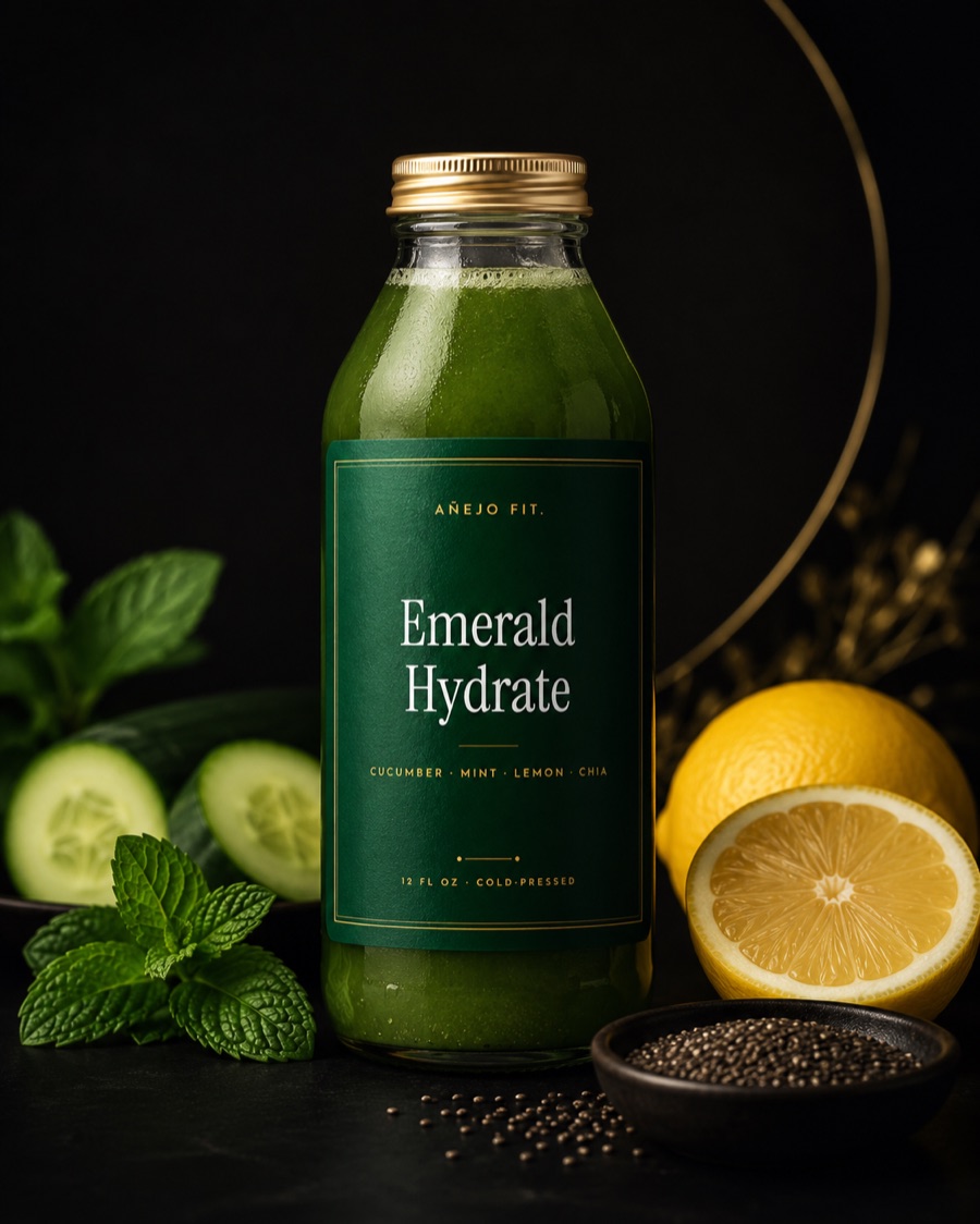 Añejo Fit — Emerald Hydrate cold-pressed juice: cucumber, mint, lemon, chia